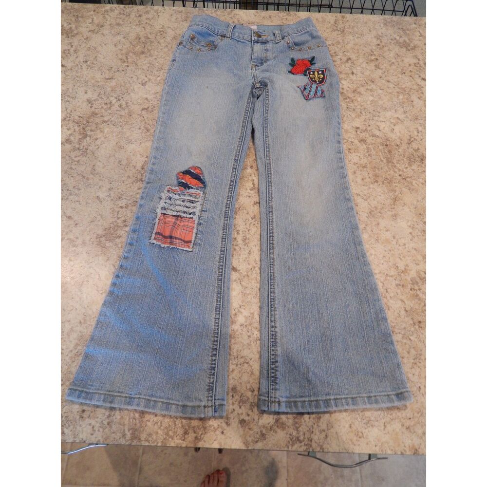 Stuff by Hilary Duff girls size 10 distressed embroidered patchwork flare jeans